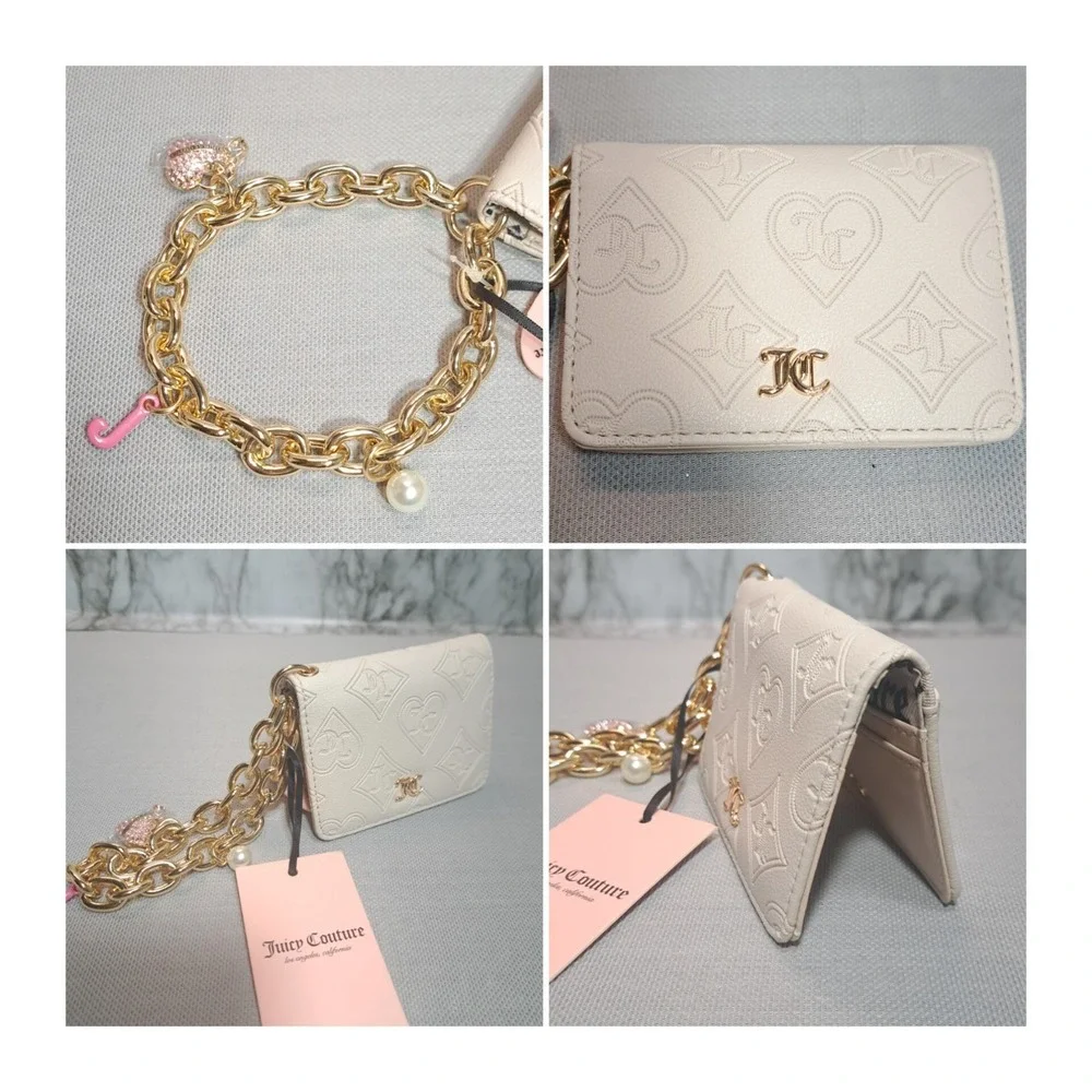 Juicy Couture‎ Wristlet Wallet Beige Crystal Off White Top Notch CC Key Fob